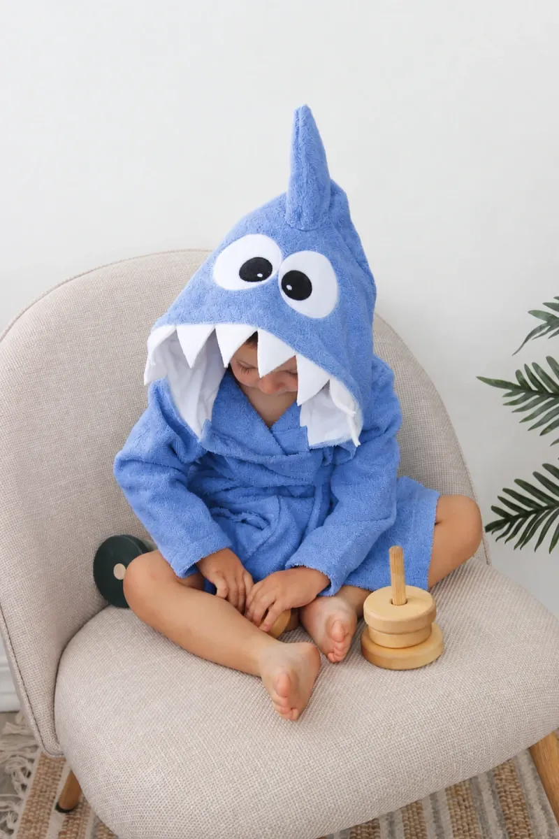 Детский халат Baby Shark, хлопковый, голубой_4