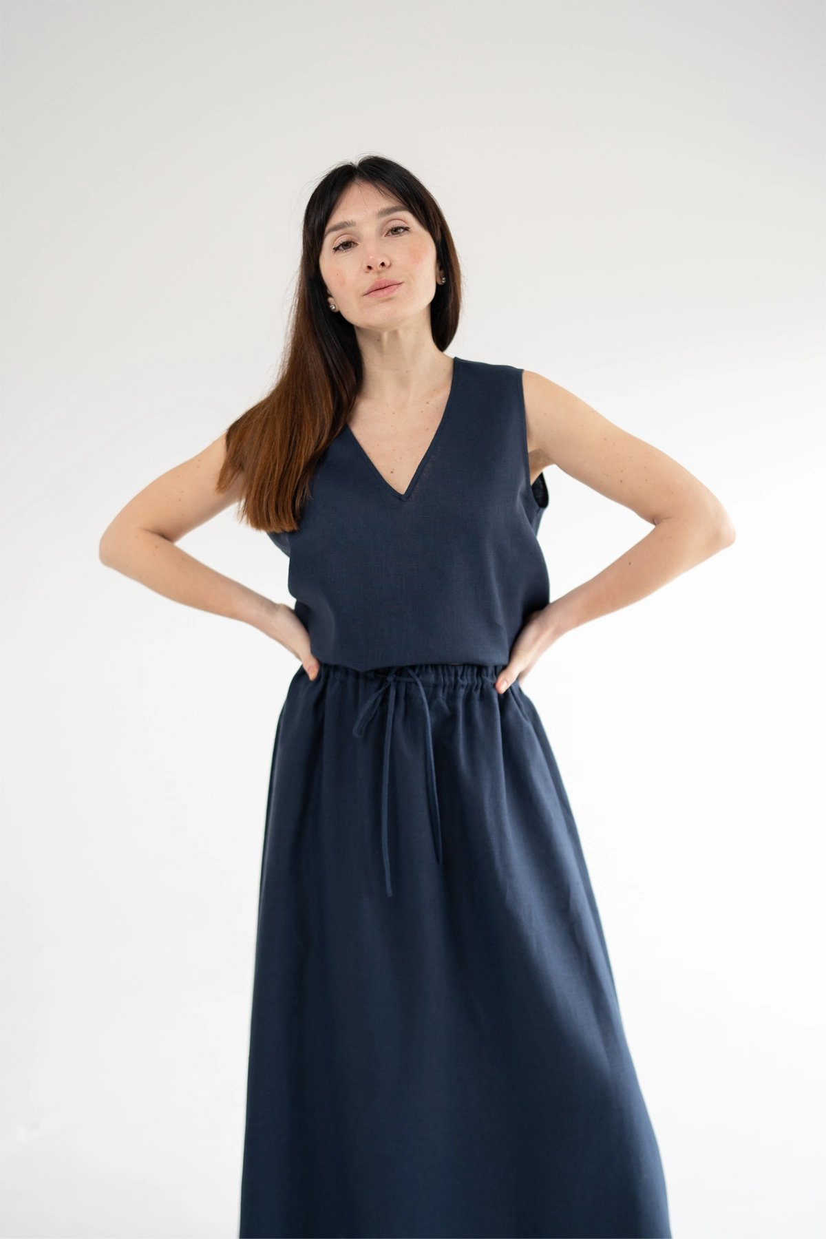 Костюм женский из льна, блузка и юбка, June/Maxi, 100% лён, темно синий_2