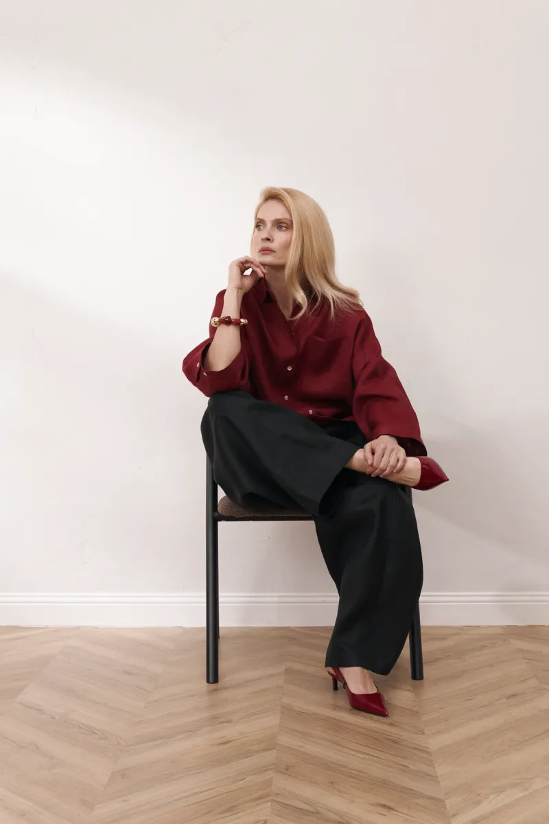 Костюм двойка женский, блузка и штаны балонны, Kassandra/Lika, 100% лён/100% конопля, бургунди/чёрные_6