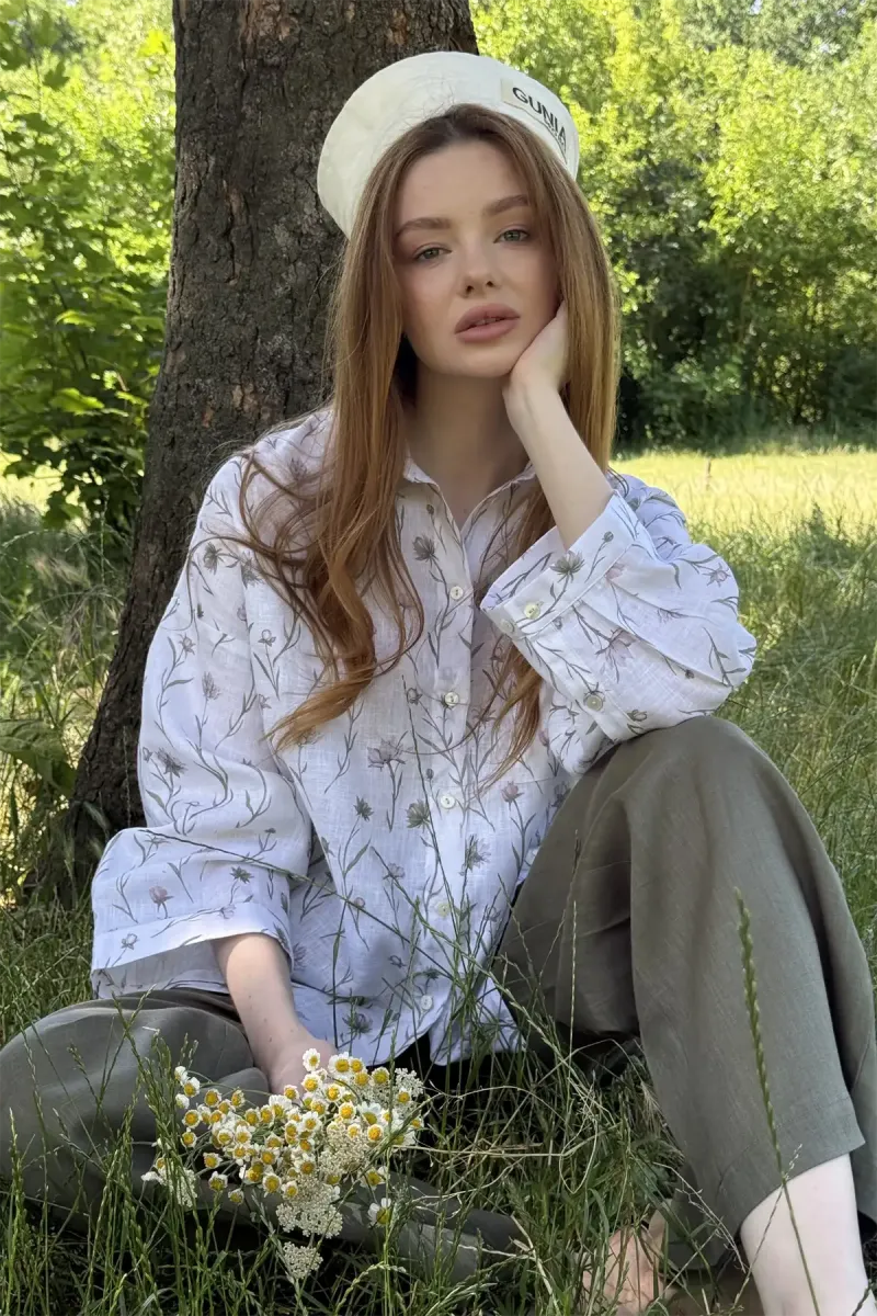 Лляний костюм, блуза та штани палаццо Kassandra/Milano, 100% льон, принт піони/хакі_5