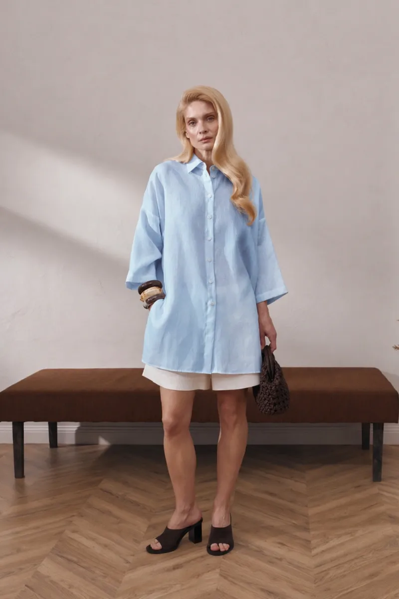 Рубашка женская оверсайз Kristy, 100% лён, голубая