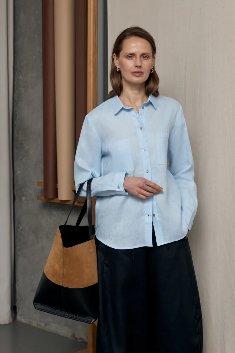 Костюм женский, рубашка и штаны балонны, Mia/Lika, 100% лён/100% конопля, голубая/чёрные_4
