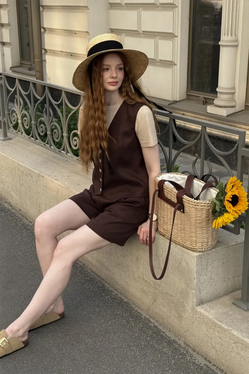 Лляний костюм, жилет та шорти, Milano/Ingret, 100% льон, шоколадний_3