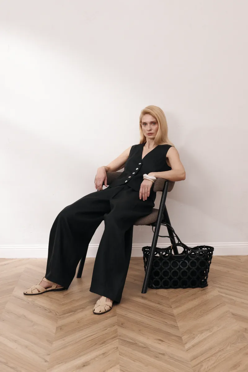 Костюм двійка жіночий, жилет та штани балони Milano/Lika, 100% конопель, чорний_3