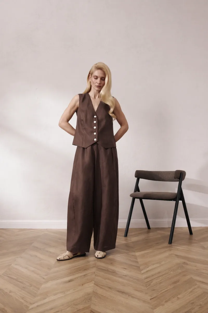 Костюм двойка женский из льна, жилетка и штаны баллоны Milano/Lika, 100% лён, шоколадный_2