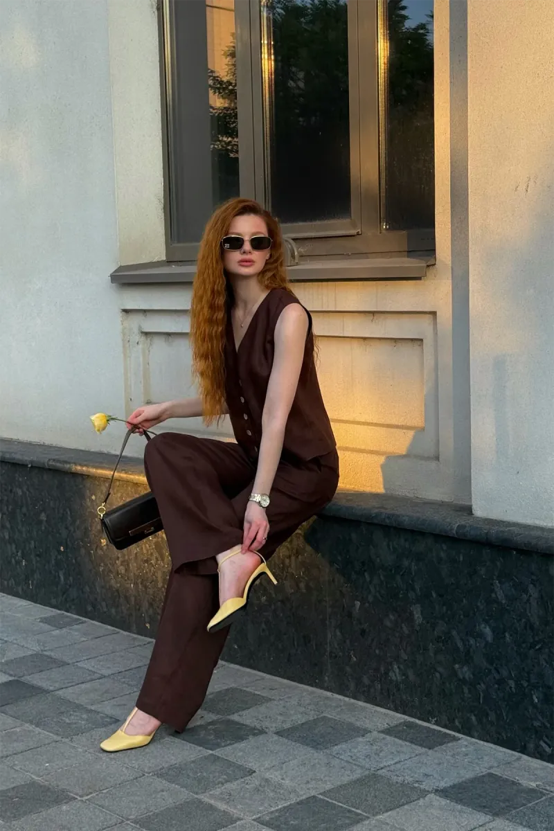 Костюм женский из льна, жилетка и штаны, Milano/Viva, 100% лён, шоколадный