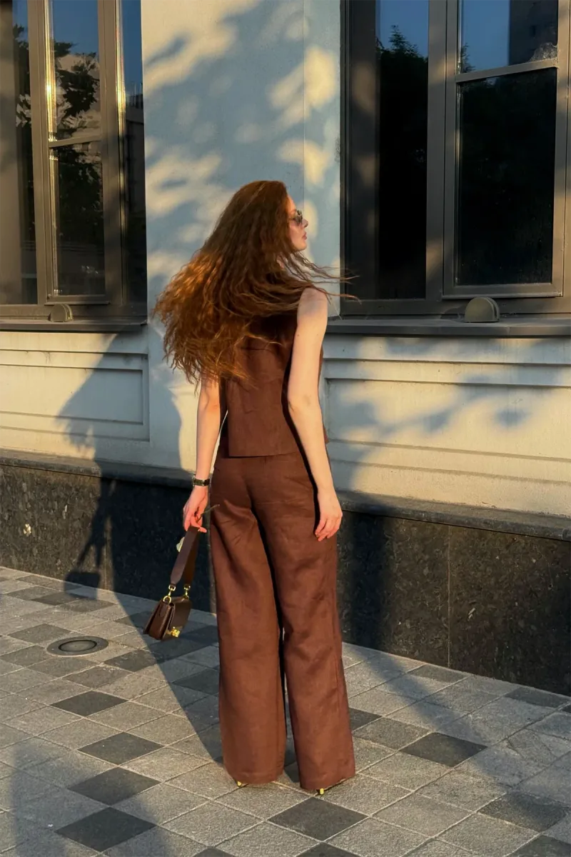 Костюм женский из льна, жилетка и штаны, Milano/Viva, 100% лён, шоколадный_3
