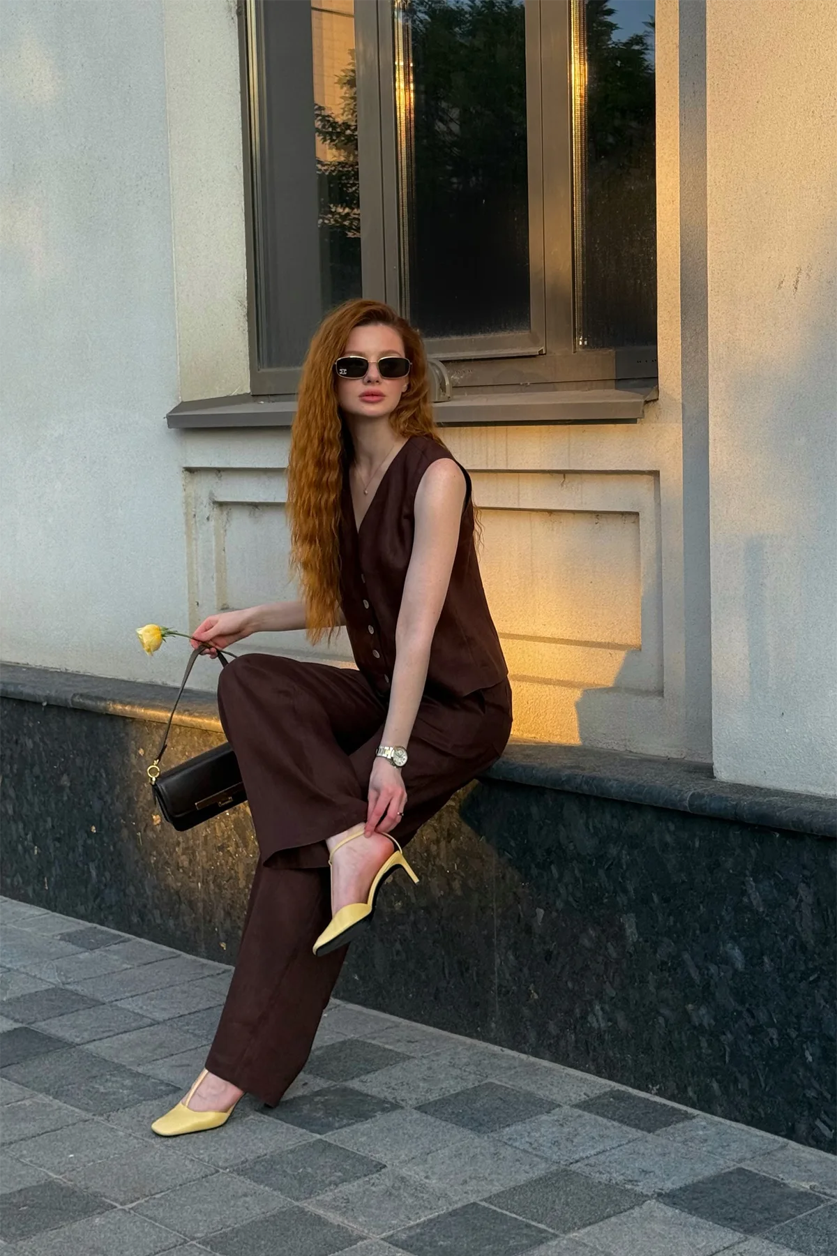 Костюм женский из льна, жилетка и штаны, Milano/Viva, 100% лён, шоколадный