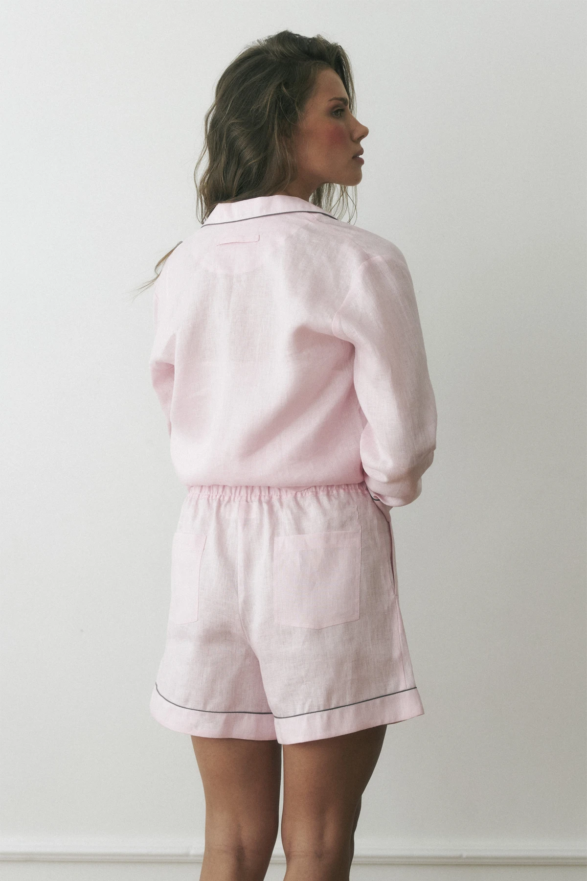 Пижама женская с шортами Niki, 100% лён, светло розовая_4